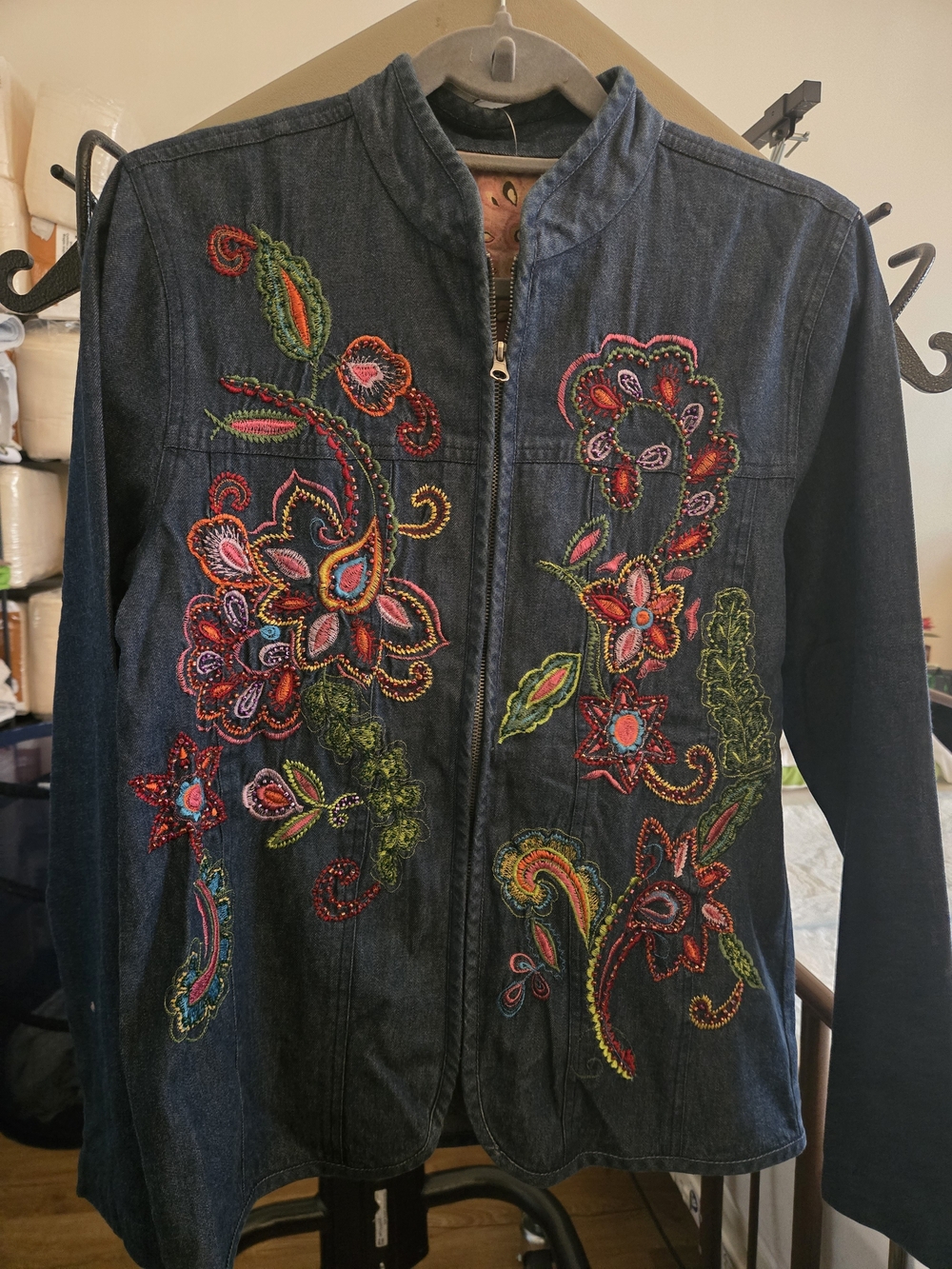 Dark Blue Denim Jacket with multicolored Floral Emb & Beading "One-of-a-kind"
